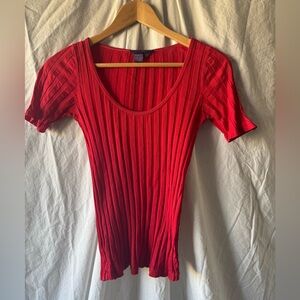 Purple Label Ralph Lauren Collection Red Ribbed Short Sleeve Scoop Neck Top